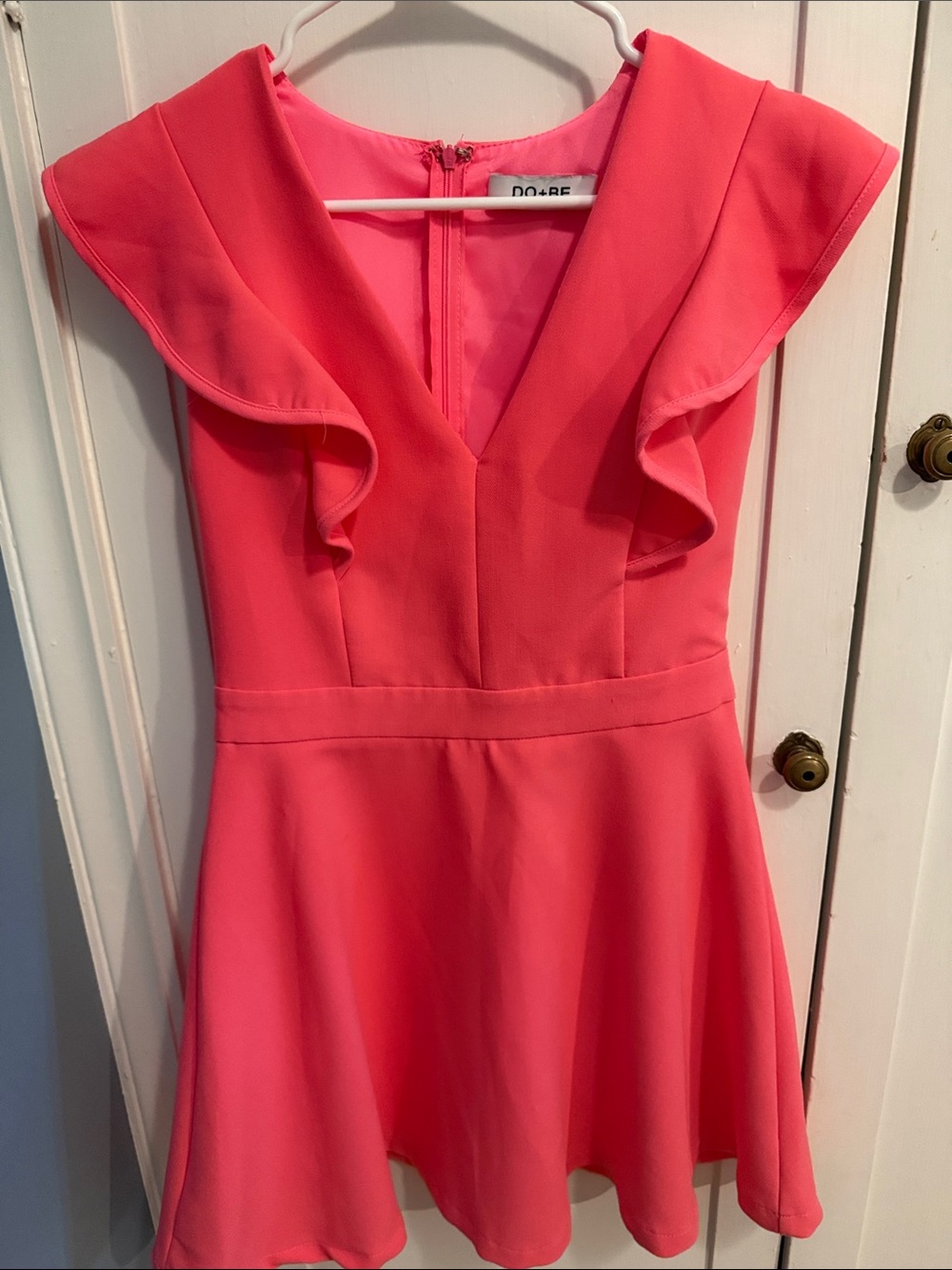 DO+BE Coral Pink Ruffle V‑Neck Fit & Flare Dress